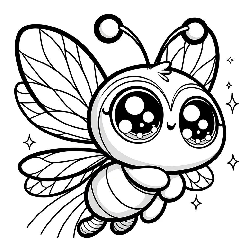 DALL·E 2024-04-14 19.08.08 - A simple kawaii-style fantasy bug coloring page suitable for children. The design features a single, adorable bug character with large, friendly eyes