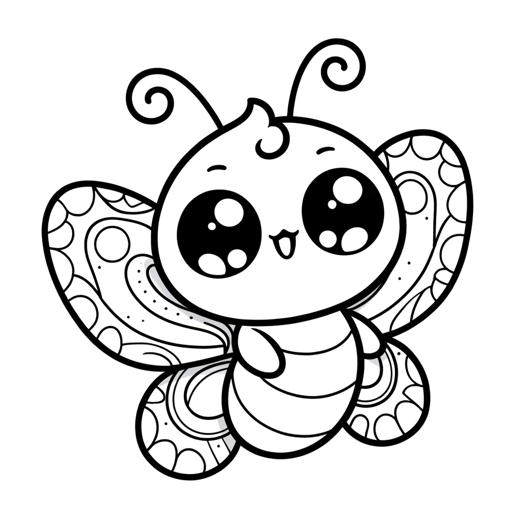 DALL·E 2024-04-14 19.13.34 - A simple kawaii-style fantasy insect coloring page suitable for children. The design features a single, adorable butterfly character with large, frien