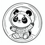 Black and white simple lined Retro Space Panda Floating in a Bubble coloring page download.