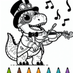 Black and white simple lined Steampunk Dinosaur Playing a Violin coloring page download.