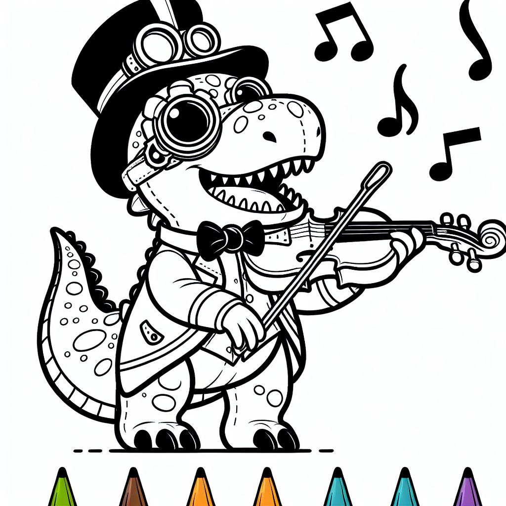 Black and white simple lined Steampunk Dinosaur Playing a Violin coloring page download.