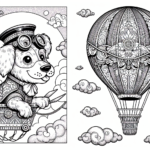 Black and white simple lined Steampunk Dog Flying a Hot Air Balloon coloring page download.