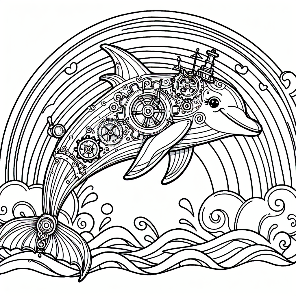 Black and white simple lined Steampunk Dolphin Navigating a Rainbow coloring page download.