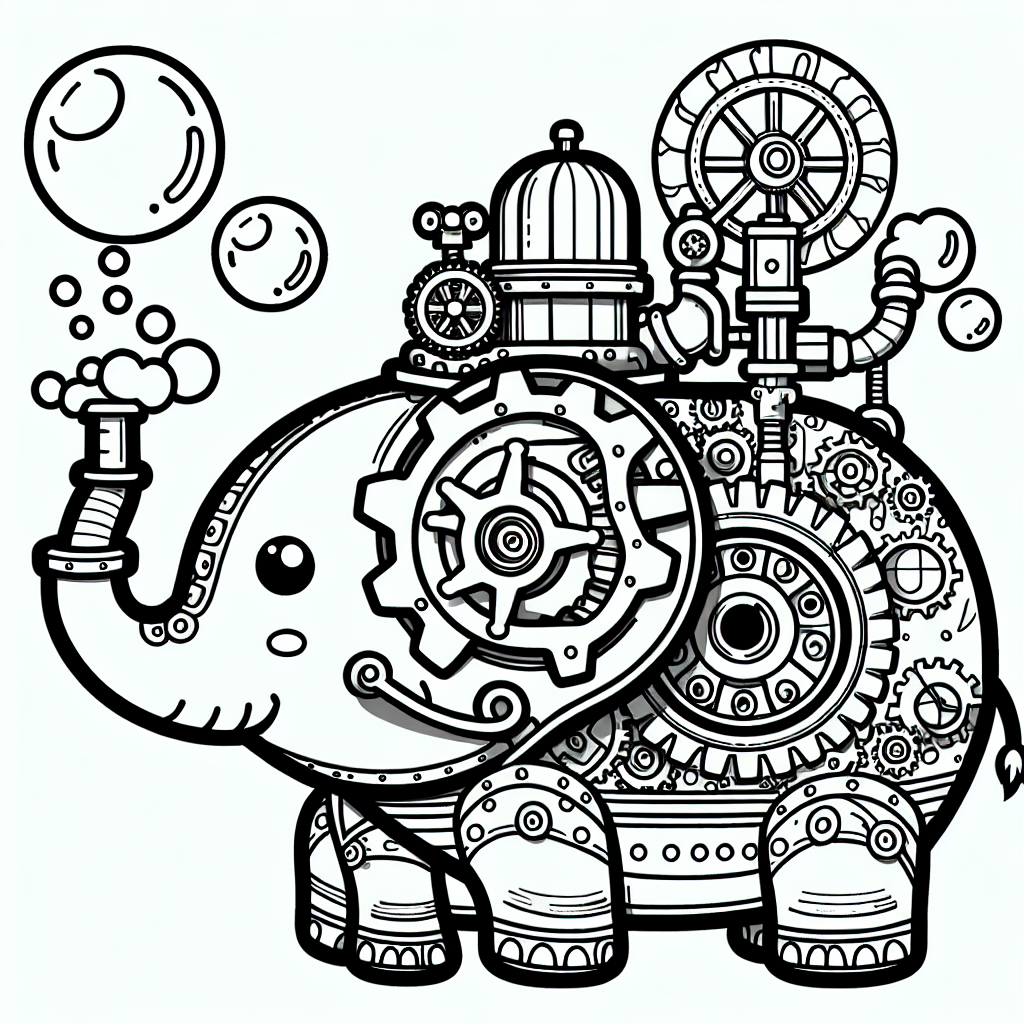 Black and white simple lined Steampunk Elephant Blowing Bubbles coloring page download.