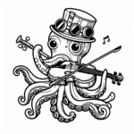 Black and white simple lined Steampunk Octopus Playing a Violin coloring page download.