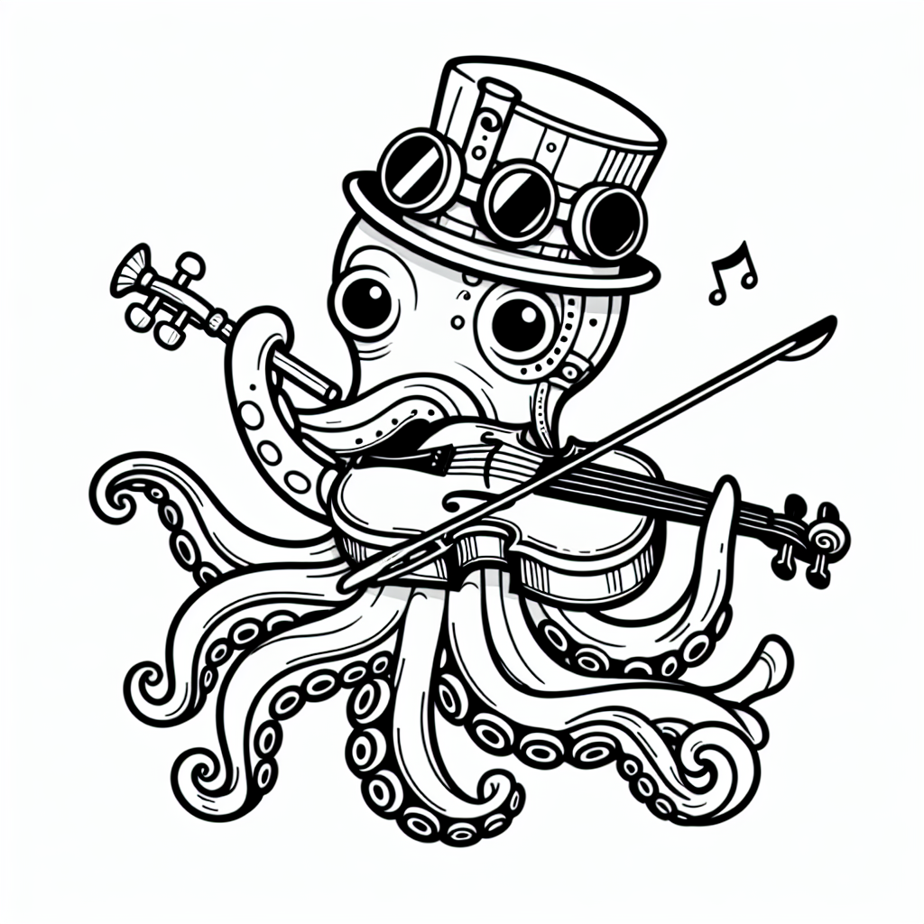 Black and white simple lined Steampunk Octopus Playing a Violin coloring page download.