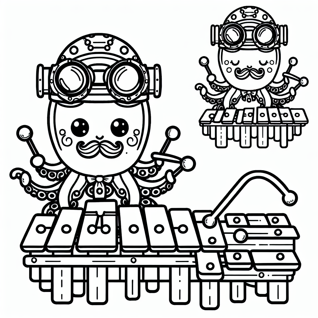 Black and white simple lined Steampunk Octopus Playing a Xylophone coloring page download.