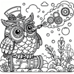 Black and white simple lined Steampunk Owl Blowing Bubbles coloring page download.