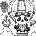 Black and white simple lined Steampunk Panda Flying a Hot Air Balloon coloring page download.