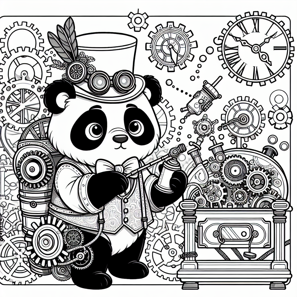 Black and white simple lined Steampunk Panda Inventing a Time Machine coloring page download.