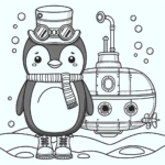 Black and white simple lined Steampunk Penguin Exploring a Submarine coloring page download.