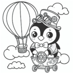 Black and white simple lined Steampunk Penguin Piloting a Hot Air Balloon coloring page download.