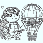 Black and white simple lined Steampunk Turtle Flying a Hot Air Balloon coloring page download.