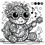 Black and white simple lined Steampunk Turtle Playing a Banjo coloring page download.