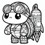 Black and white simple lined Steampunk Turtle with a Jetpack coloring page download.