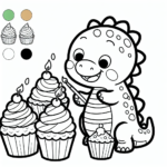 Black and white simple lined Cartoon Dinosaur Baking Cupcakes coloring page download.