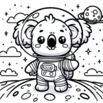 Black and white simple lined Cartoon Koala Astronaut on the Moon coloring page download.