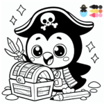Black and white simple lined Cartoon Pirate Penguin Discovering a Treasure Chest coloring page download.