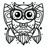 Black and white simple lined Futuristic Owl Wearing Rocket Glasses coloring page download.