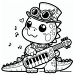 Black and white simple lined Steampunk Dinosaur Playing a Keytar coloring page download.