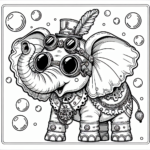 Black and white simple lined Steampunk Elephant Blowing Bubbles coloring page download.