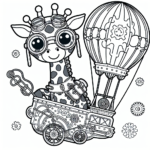 Black and white simple lined Steampunk Giraffe Flying a Hot Air Balloon coloring page download.
