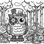 Black and white simple lined Steampunk Owl Exploring a Candy Forest coloring page download.