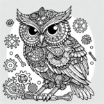 Black and white simple lined Steampunk Owl Solving a Puzzle coloring page download.
