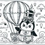 Black and white simple lined Steampunk Penguin Flying a Hot Air Balloon coloring page download.
