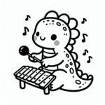 Black and white simple lined Whimsical Dinosaur Playing a Xylophone coloring page download.