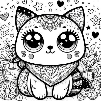 DALL·E-2024-04-13-17.33.36-A-kawaii-style-cat-coloring-page-featuring-a-cute-cartoonish-cat-with-large-expressive-eyes-and-a-round-face.-The-cat-is-adorned-with-various-whimsic