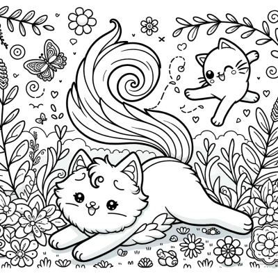 DALL·E 2024-04-13 19.20.00 - A playful kawaii-style cat coloring page featuring a cat playfully chasing its tail. The scene includes decorative elements like small birds, butterfl