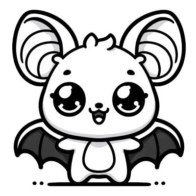 DALL·E 2024-04-14 19.16.33 - A simple kawaii-style bat coloring page suitable for children. The design features a single, adorable bat character with large, friendly eyes and cute